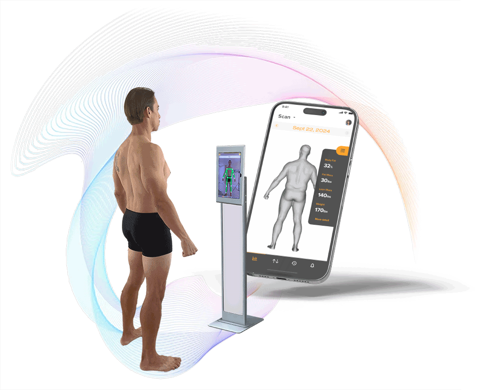 3D body scan technology showing a man being digitally assessed with results displayed on a smartphone app, highlighting the advanced fitness and health analysis advocated by Dr. Swapnil Garde best cardiologist in Bhopal.