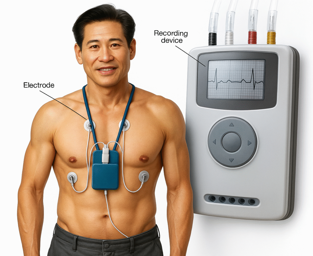 Man undergoing Holter Monitoring in Bhopal with multiple chest electrodes connected to a portable ECG recording device.