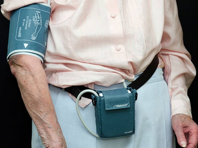 A patient wearing an Ambulatory Blood Pressure Monitoring device at Garde Medics during the Ambulatory Blood Pressure Monitoring Test in Bhopal by Dr. Swapnil S. Garde.
