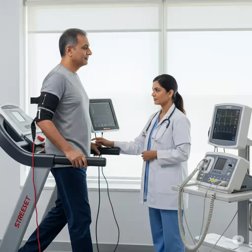 Patient performing a TMT Test in Bhopal while walking on a treadmill, guided by a female doctor and monitored by cardiac equipment.