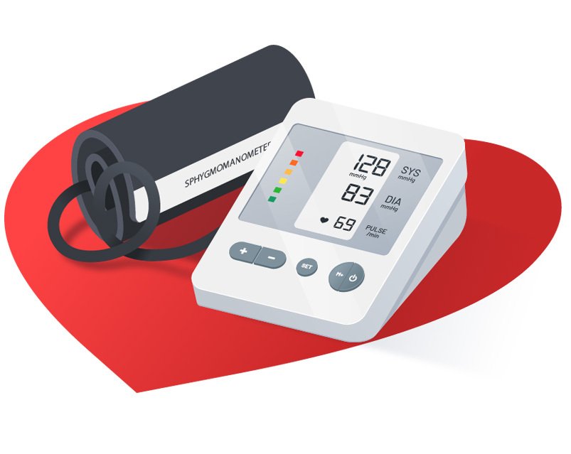 Digital sphygmomanometer displaying blood pressure checkup results, including systolic, diastolic, and heart rate, set on a red heart shape background for Blood Pressure Checkup in Bhopal.
