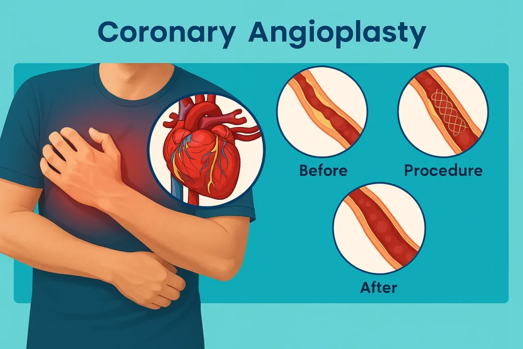 Infographic showing coronary angioplasty process with blocked artery (before), angioplasty procedure (with stent placement), and restored blood flow after, for Angioplasty in Bhopal.