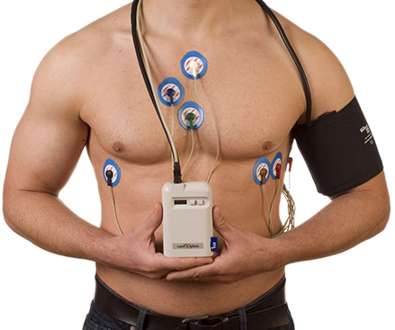 Patient with chest electrodes and a portable device for Holter Monitoring in Bhopal, also wearing an ambulatory blood pressure cuff.