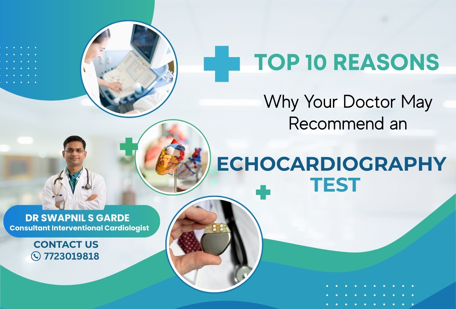 Promotional graphic for an Echocardiography Test in Bhopal by Dr. Swapnil S Garde, Consultant Interventional Cardiologist, showing ultrasound, heart, and pacemaker images.
