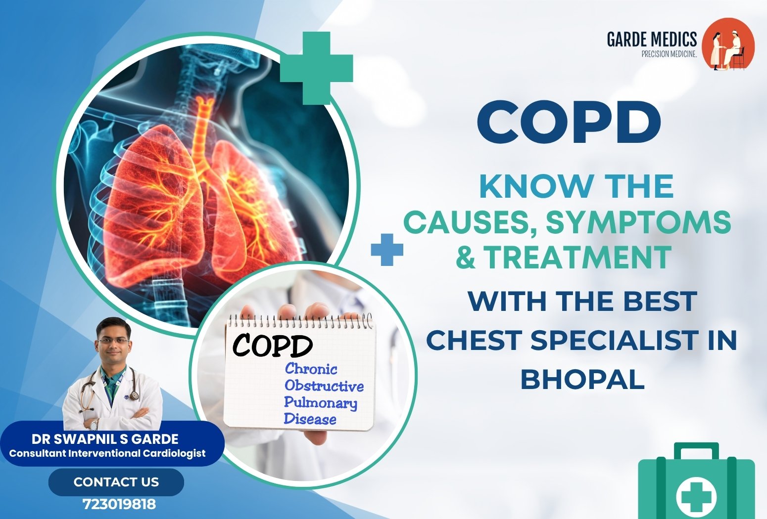 An informational poster from Garde Medics about COPD, featuring Dr. Swapnil S Garde, a Consultant Interventional Cardiologist and Chest Specialist in Bhopal. The poster highlights the causes, symptoms, and treatment for Chronic Obstructive Pulmonary Disease and provides a contact number.