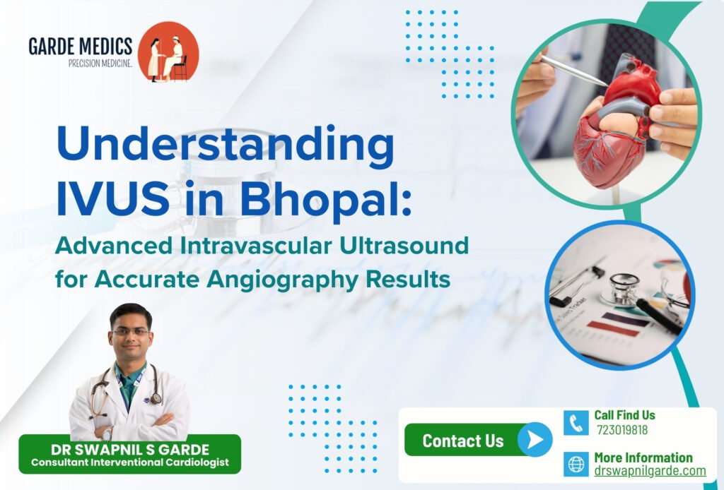 Understanding IVUS in Bhopal infographic featuring Dr. Swapnil S. Garde and advanced intravascular ultrasound heart imaging.