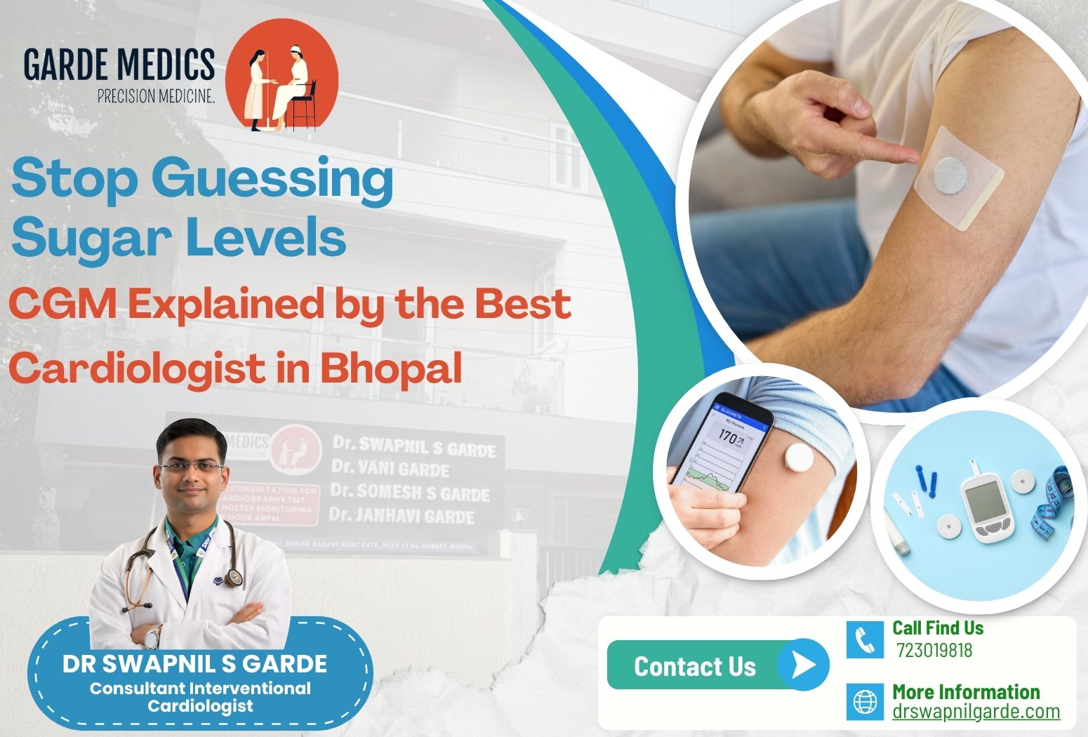Continuous Glucose Monitoring in Bhopal showing CGM device on arm explained by Dr. Swapnil S. Garde, Best Cardiologist in Bhopal