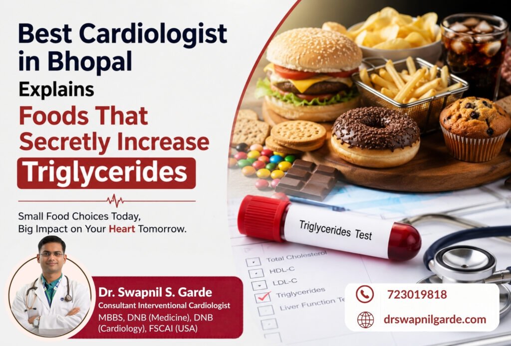 Best Cardiologist in Bhopal explains foods that secretly increase triglycerides with images of fast food, sugary snacks, and triglyceride blood test report.