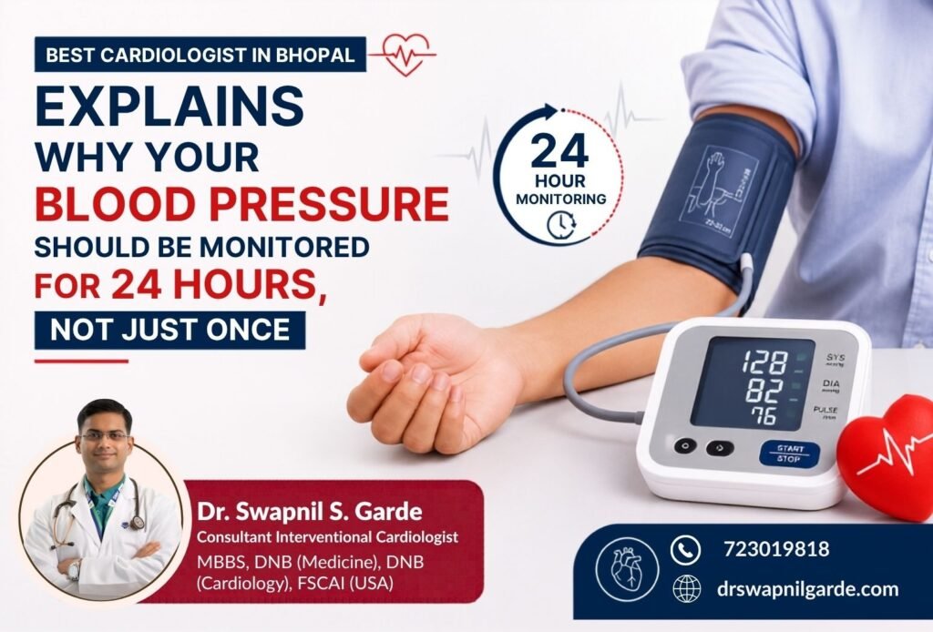 Best Cardiologist in Bhopal, explaining the benefits of 24 Hours Blood Pressure Monitoring (ABPM) for accurate hypertension diagnosis and heart health.
