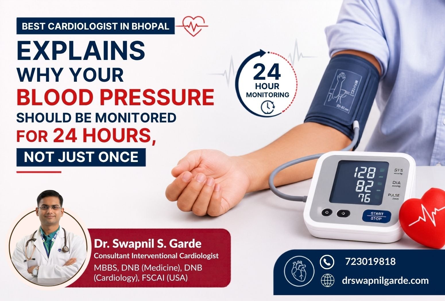 Best Cardiologist in Bhopal, explaining the benefits of 24 Hours Blood Pressure Monitoring (ABPM) for accurate hypertension diagnosis and heart health.